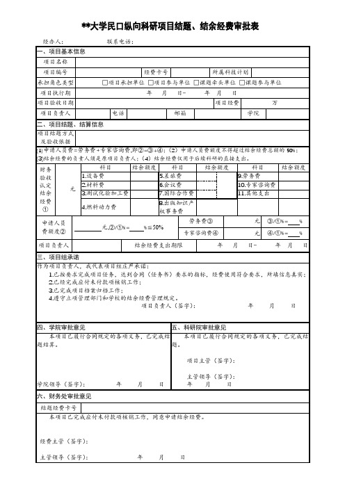 北京理工大学民口纵向科研项目结题、结余经费审批表【模板】