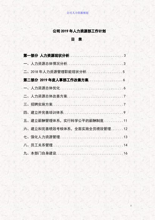 公司2019年度人力资源规划