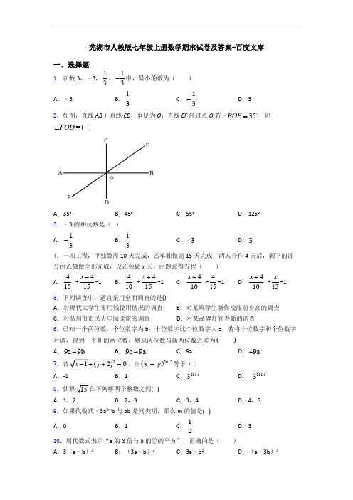 芜湖市人教版七年级上册数学期末试卷及答案-百度文库