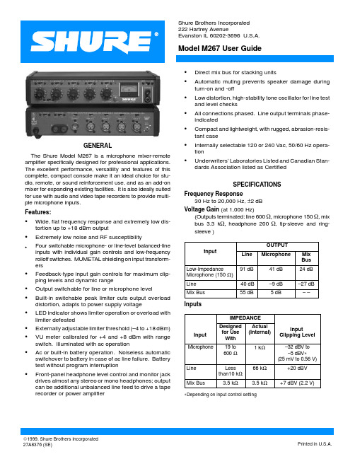 Shure Model M267混音器-远程音频放大器说明书