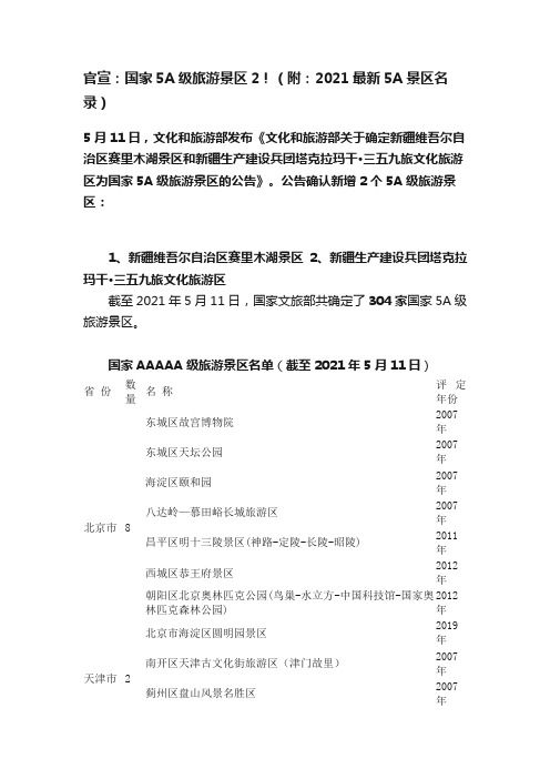 官宣：国家5A级旅游景区2！（附：2021最新5A景区名录）