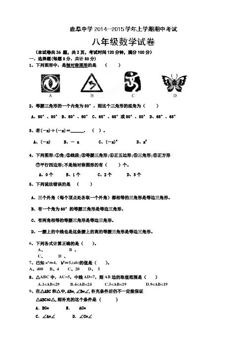 云南省石林县鹿阜中学八年级上学期期中考试数学试题(