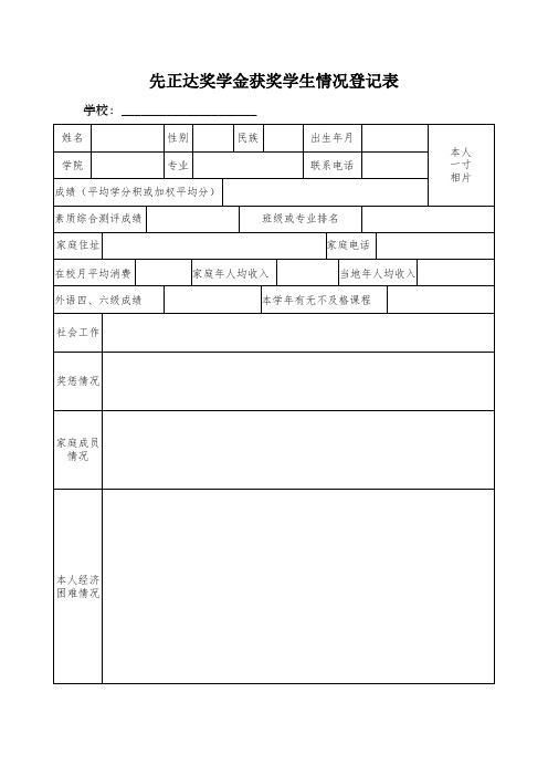 先正达奖学金获奖学生情况登记表