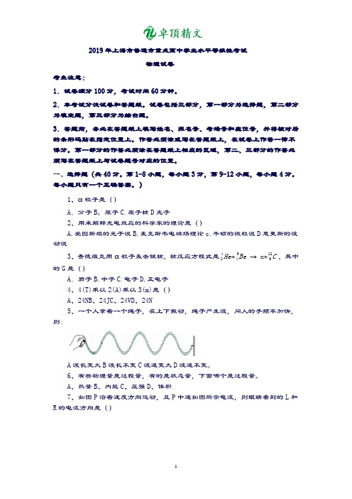 【卓顶精文】2019上海市市重点初高中学业水平等级考试物理试题.doc