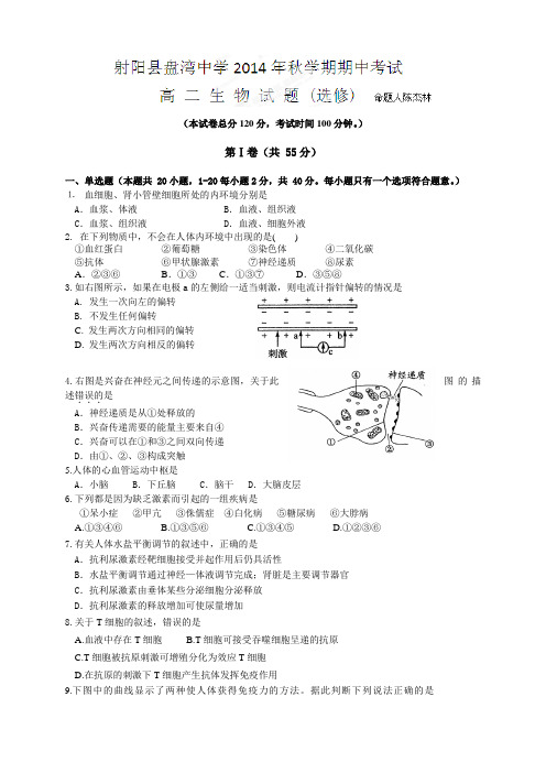 江苏省射阳县盘湾中学高二上学期期中考试生物(选修)试