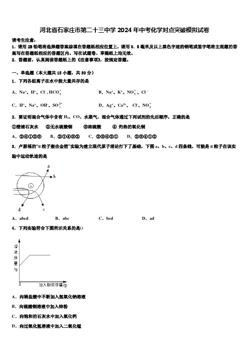 河北省石家庄市第二十三中学2024届中考化学对点突破模拟试卷含解析