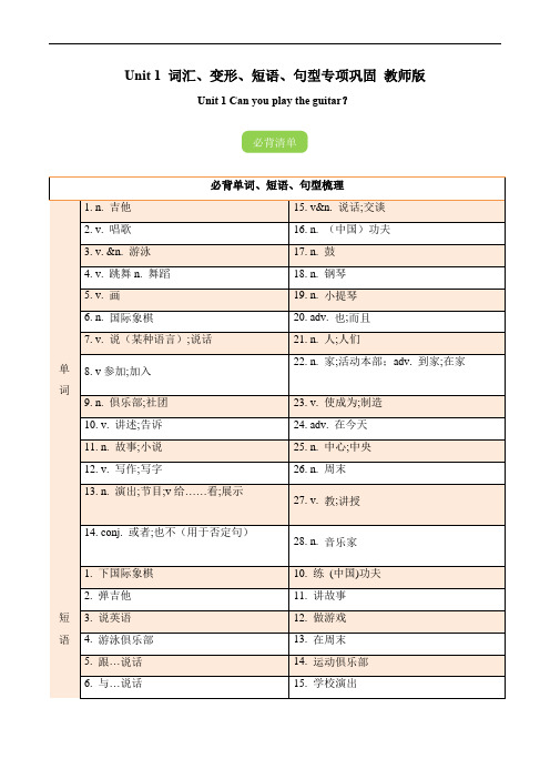 Unit 1 词汇、变形、短语、句型专项巩固(教师版)