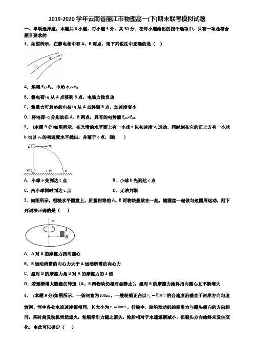 2019-2020学年云南省丽江市物理高一(下)期末联考模拟试题含解析