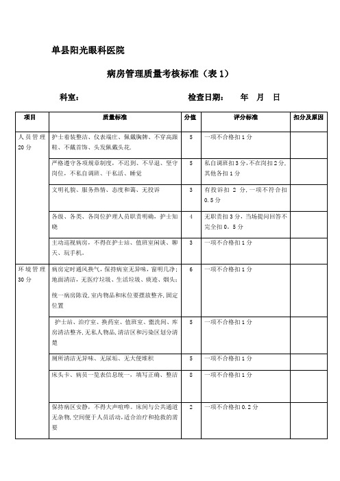 病房管理质量考核标准