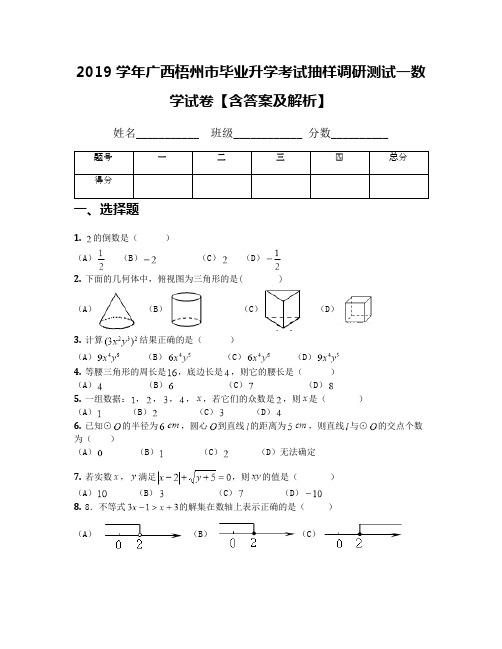 2019学年广西梧州市毕业升学考试抽样调研测试一数学试卷【含答案及解析】