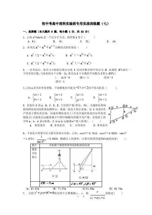 初中考高中理科实验班培训专用实战训练题(七)(含答案) 