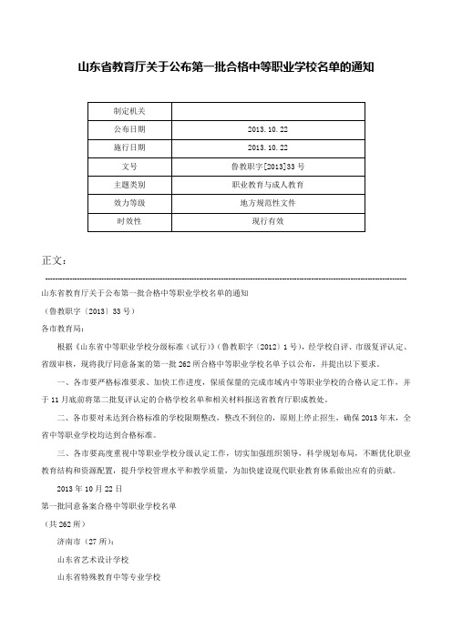 山东省教育厅关于公布第一批合格中等职业学校名单的通知-鲁教职字[2013]33号