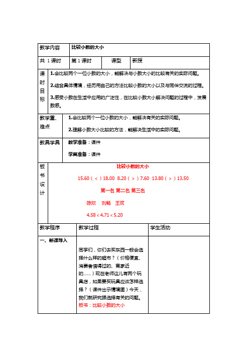 三年级下册数学教案-6.3比较小数的大小|冀教版