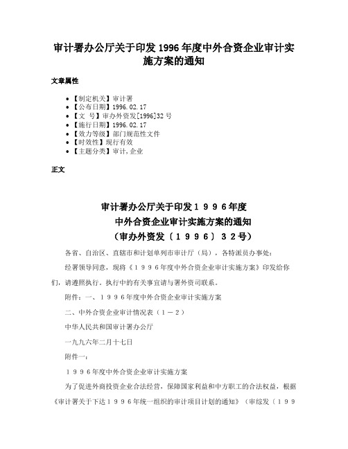 审计署办公厅关于印发1996年度中外合资企业审计实施方案的通知