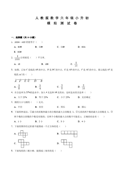 人教版六年级下学期小升初数学考试试题(含答案)