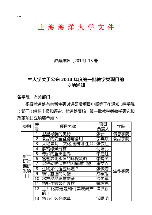 上海海洋大学关于公布2014年度第一批教学类项目的立项通知【模板】