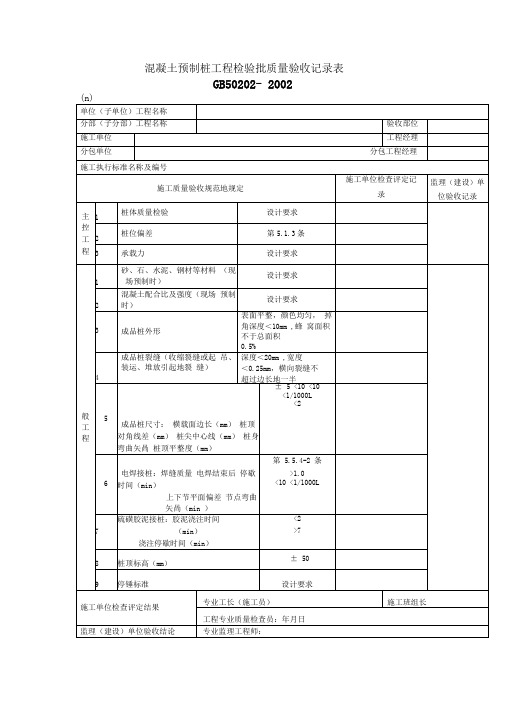 混凝土预制桩工程项目检验批质量验收记录表