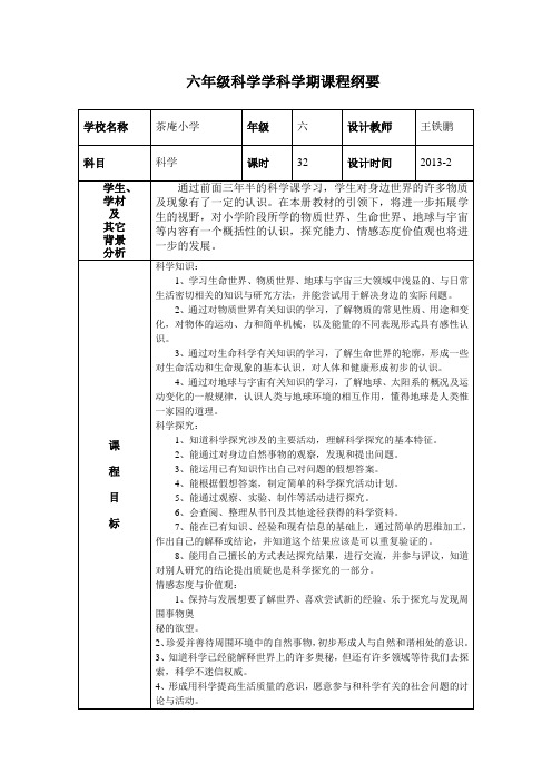 六年级科学学科下册学期课程纲要