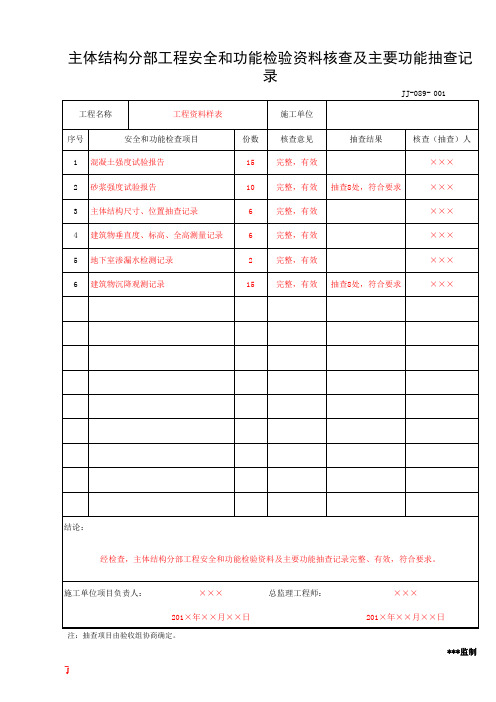 主体分部工程安全和功能检验资料核查及主要功能抽查记录(工程资料第一部分第二卷)