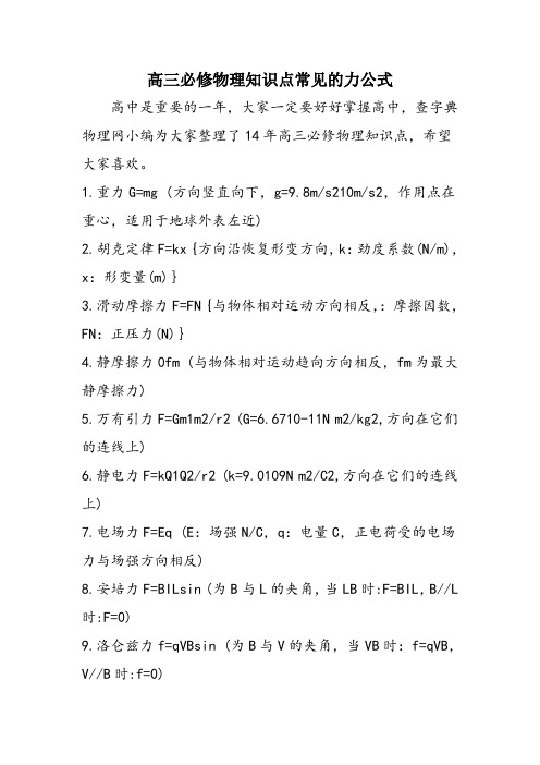 高三必修物理知识点常见的力公式