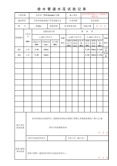 给水管道水压试验记录