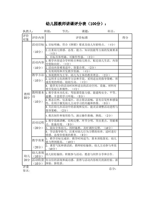 幼儿园教师讲课评分表