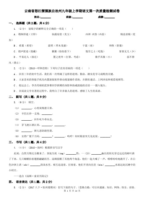 云南省怒江傈僳族自治州九年级上学期语文第一次质量检测试卷