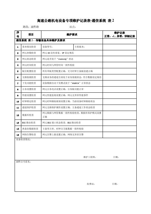 高速公路机电设备专项维护记录表