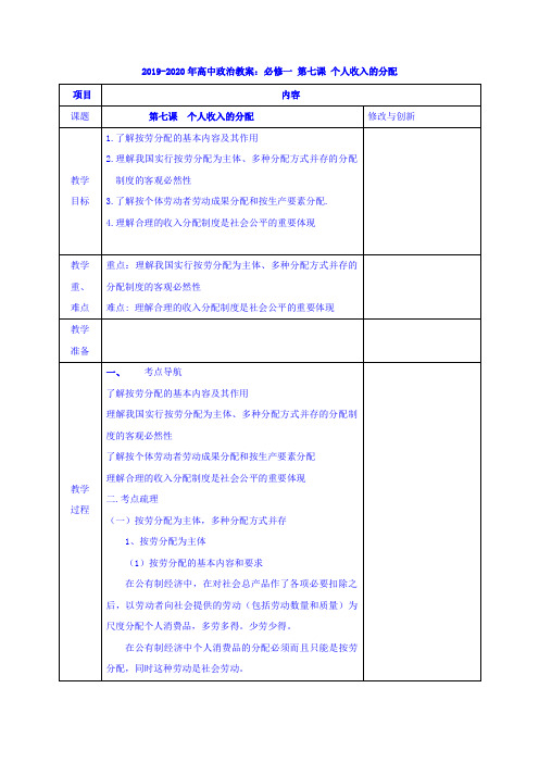 2019-2020年高中政治教案：必修一 第七课 个人收入的分配