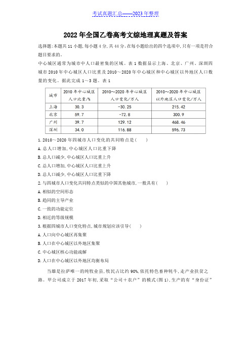 2022年全国乙卷高考文综地理真题及答案