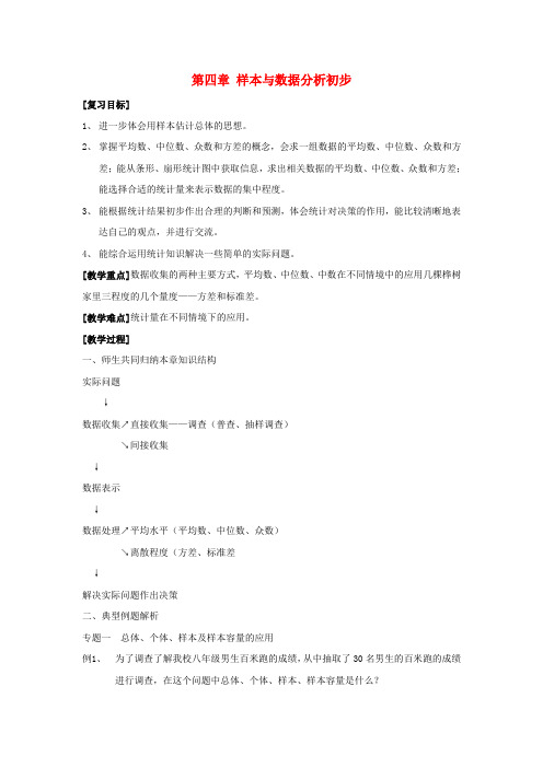 八年级数学上册 第四章样本的分析与数据复习教案 浙教版