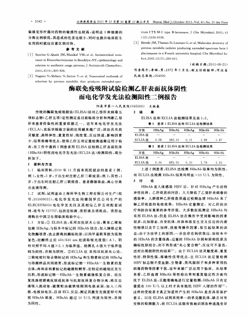 酶联免疫吸附试验检测乙肝表面抗体阴性而电化学发光法检测阳性二例报告