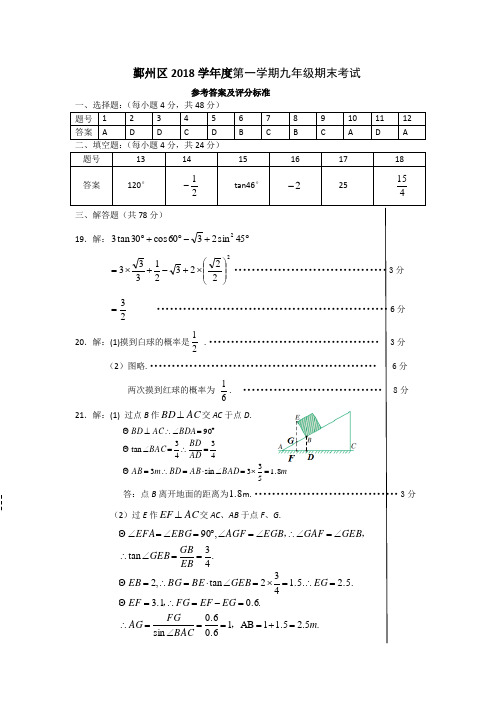 宁波市鄞州区2018-2019学年第一学期九年级初中期末考试五科参考答案