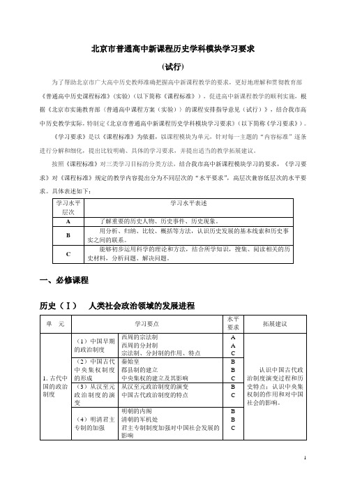 北京市历史学科模块教学要求(必修加选修)