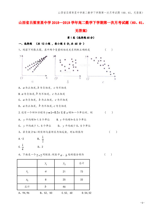 山西省吕梁育星中学高二数学下学期第一次月考试题(60、61,无答案)