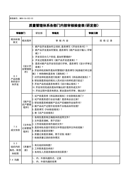 质量管理体系各部门内部审核检查表(研发部)