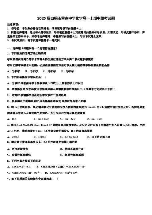 2025届白银市重点中学化学高一上期中联考试题含解析