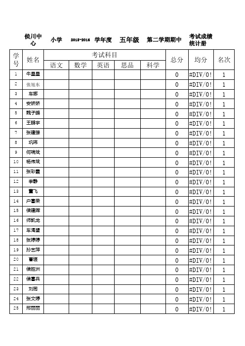 2016春季五年级期中质检成绩统计册