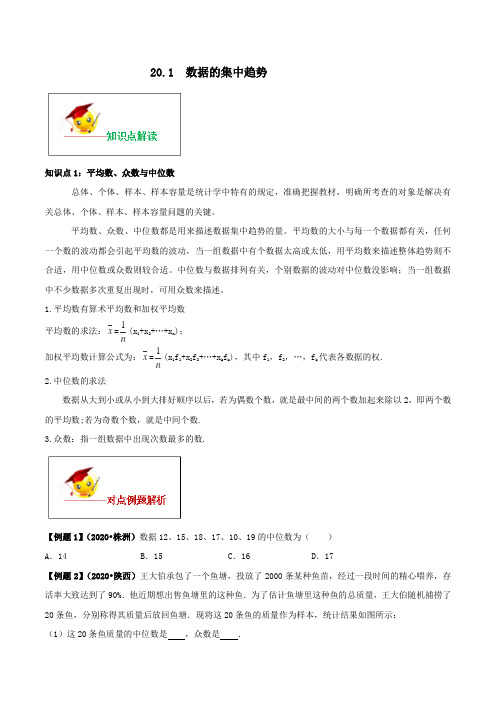 20.1 数据的集中趋势(原卷版)-八年级数学下册精讲精练(人教版)