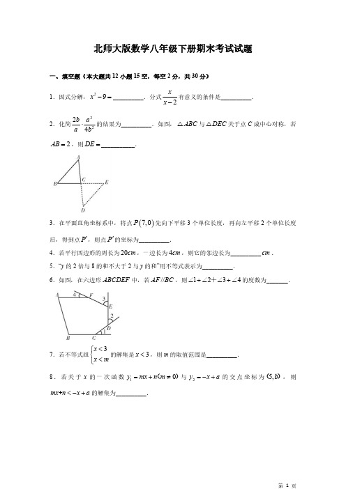 北师大版数学八年级下册期末考试试卷含答案