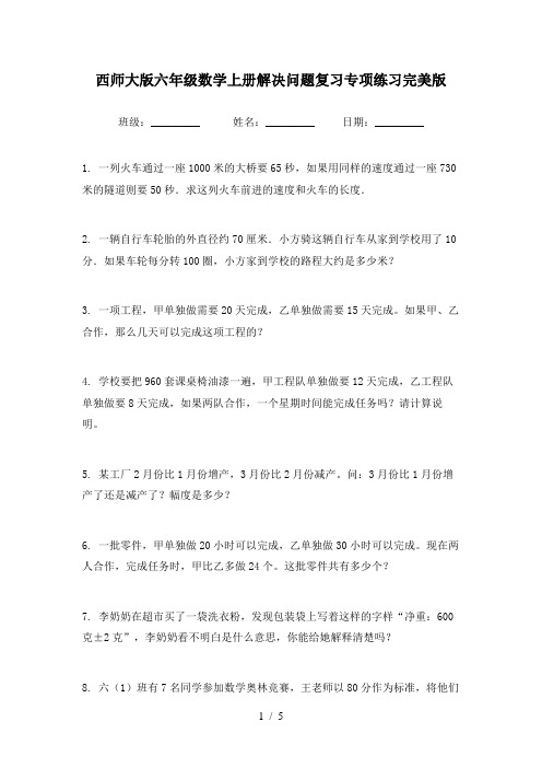 西师大版六年级数学上册解决问题复习专项练习完美版