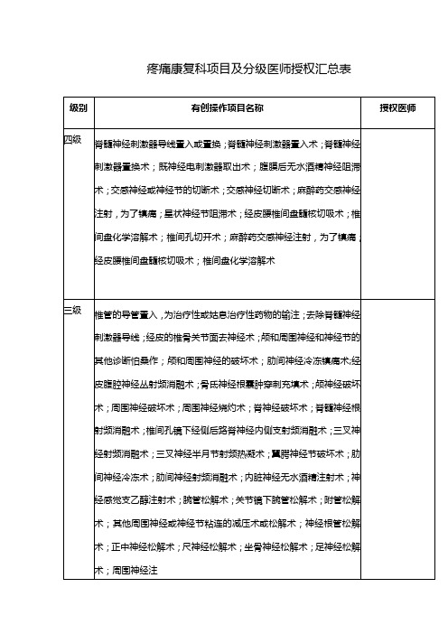 疼痛康复科项目及分级医师授权汇总表