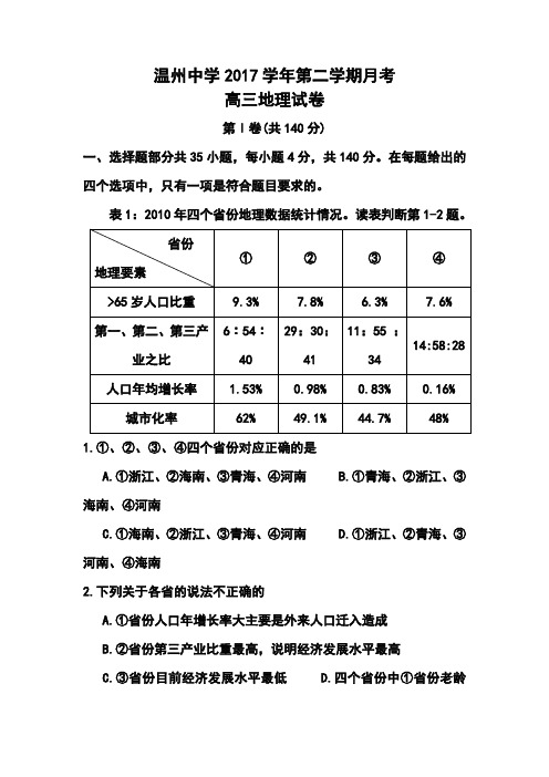 2017届浙江省温州中学高三月考地理试题及答案