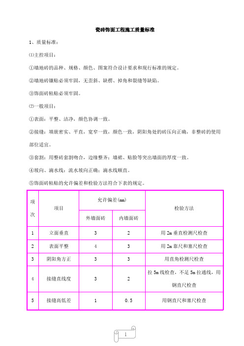 瓷砖饰面工程施工质量标准