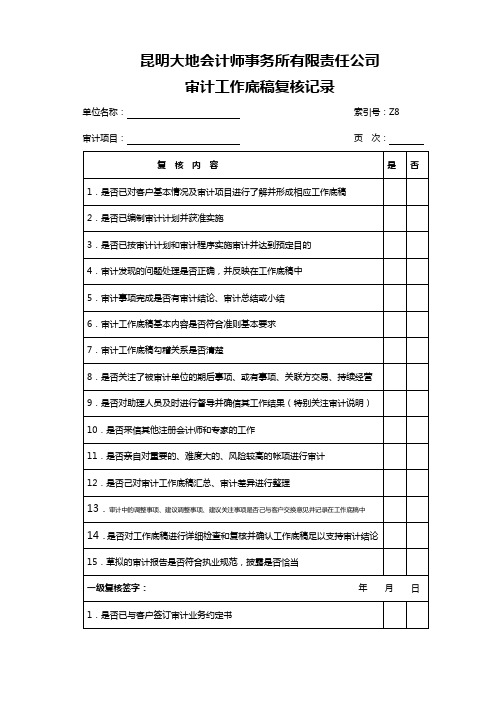 审计工作底稿复核记录