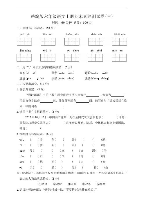 统编版六年级语文上册期末素养测试卷三