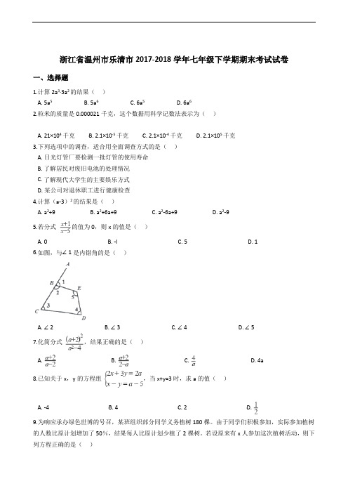 浙江省温州市乐清市2017-2018学年七年级下学期期末考试试卷