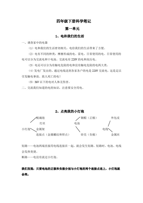 四年级下册科学笔记教学内容