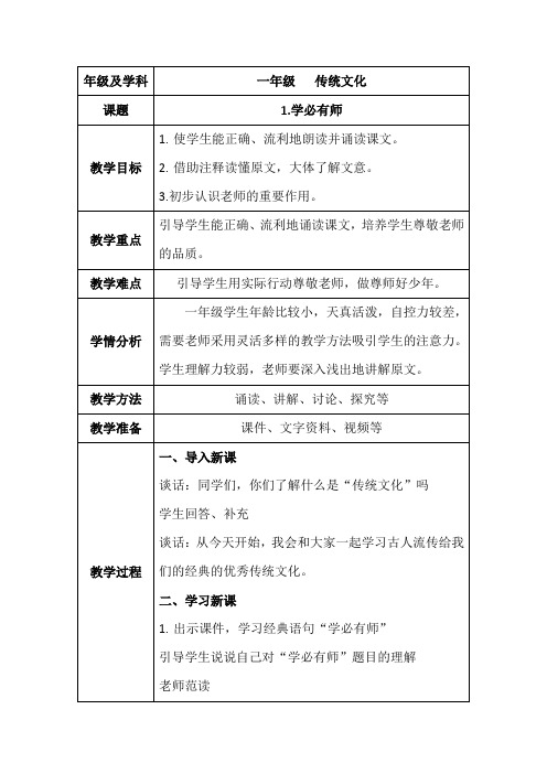 一年级传统文化教案设计《1.学必有师》