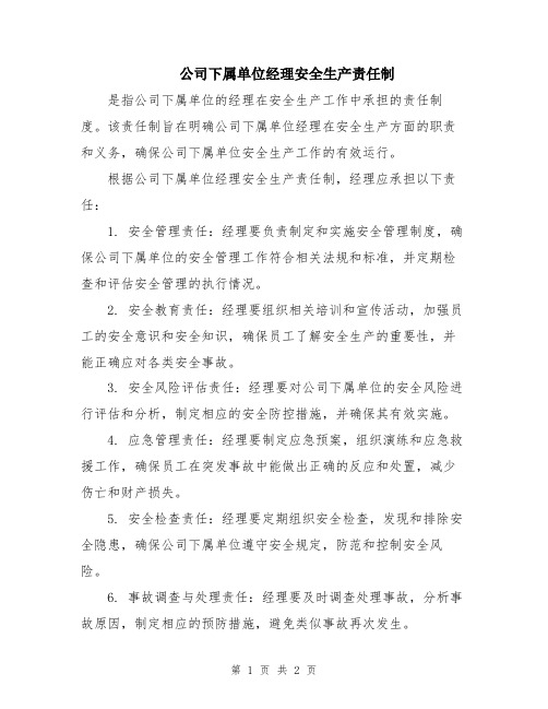 公司下属单位经理安全生产责任制